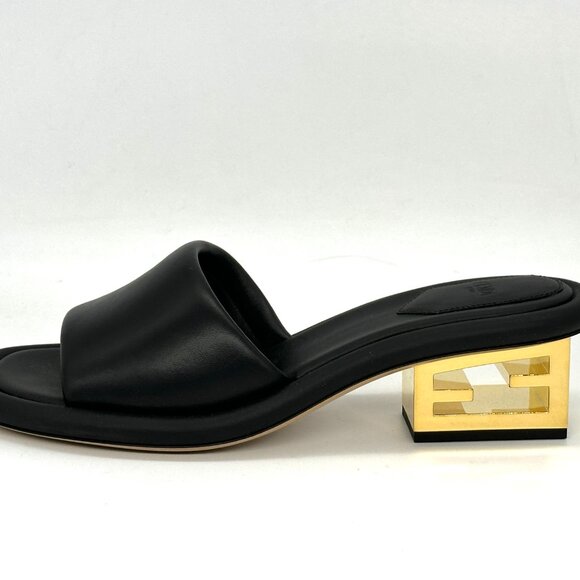 FENDI Baguette Cutout FF Logo Heel Wide Band Slide Mule Sandals Shoes Black - Picture 5 of 16